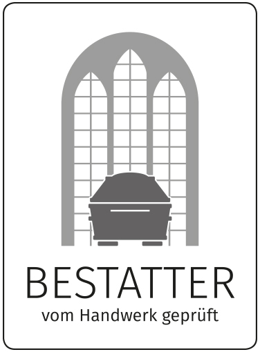 Zertifizierungssymbol vom Bundesverband Deutscher Bestatter. Silhouette Sarg vor Kirchenfenster